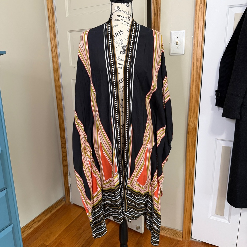 Kimono Medium Boho Geometric Abstract Print Open Front Draped Summer Cover Up - Picture 1 of 11